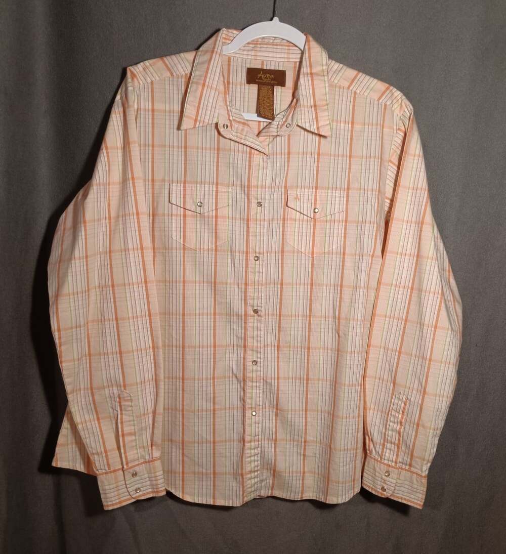 AURA by Wrangler Western Shirt Large Green Peach Orange Plaid Pearl Snap